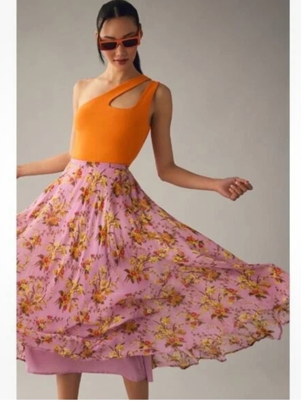 Anthropologie Circular lavender and Yellow Floral Midi Skirt Size 10